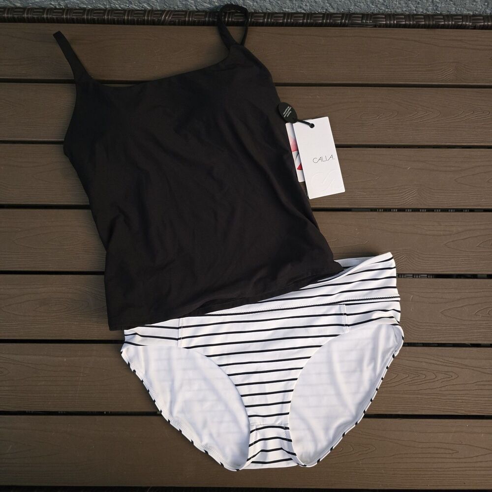 CALIA Women's Solid Black Tankini Top & Striped Boyshort Sz M New No Tags